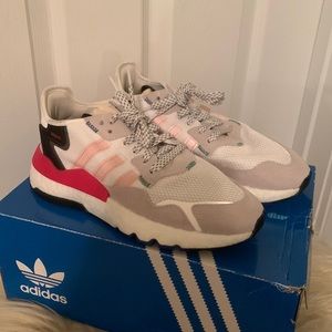 Adidas size 6.5 white, grey, pink, and blue color.